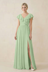 Cap Sleeve A-Line Ruffled Chiffon Bridesmaid Dress in Sage - KissProm BRIDESMAID DRESSES