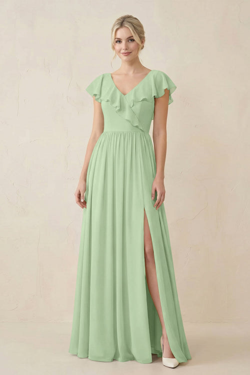 Cap Sleeve A-Line Ruffled Chiffon Bridesmaid Dress in Sage - KissProm BRIDESMAID DRESSES