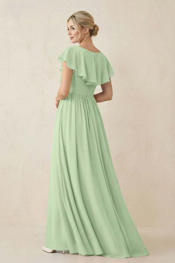 Cap Sleeve A-Line Ruffled Chiffon Bridesmaid Dress in Sage - KissProm BRIDESMAID DRESSES