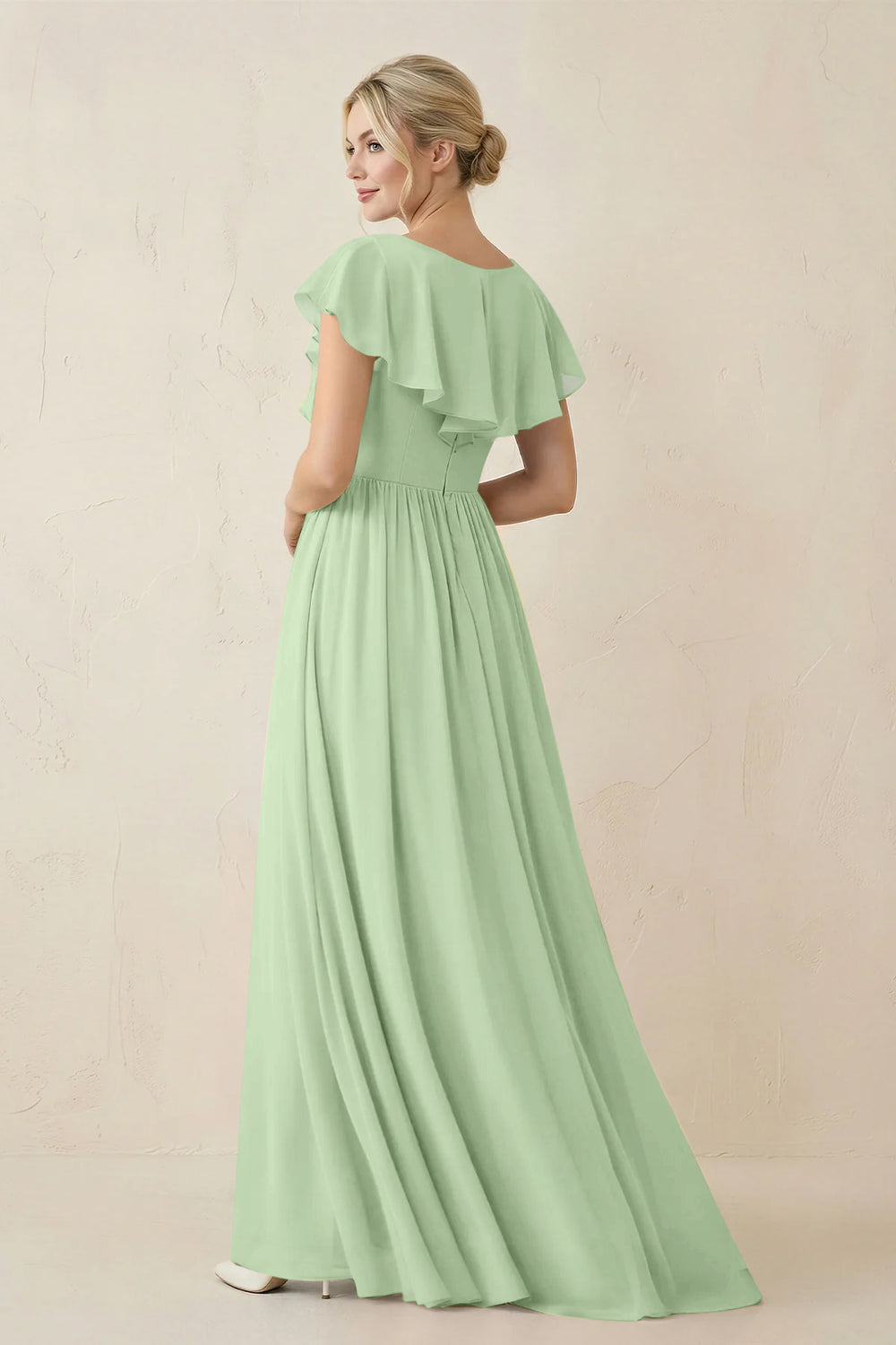 Cap Sleeve A-Line Ruffled Chiffon Bridesmaid Dress in Sage - KissProm BRIDESMAID DRESSES