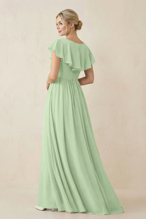 Cap Sleeve A-Line Ruffled Chiffon Bridesmaid Dress in Sage - KissProm BRIDESMAID DRESSES
