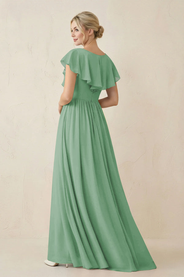 Cap Sleeve A-Line Ruffled Chiffon Bridesmaid Dress in Sea Glass - KissProm BRIDESMAID DRESSES