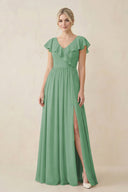 Cap Sleeve A-Line Ruffled Chiffon Bridesmaid Dress in Sea Glass - KissProm BRIDESMAID DRESSES