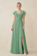 Cap Sleeve A-Line Ruffled Chiffon Bridesmaid Dress in Sea Glass - KissProm BRIDESMAID DRESSES