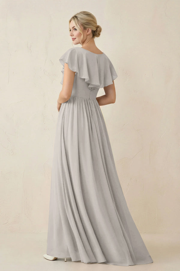 Cap Sleeve A-Line Ruffled Chiffon Bridesmaid Dress in Silver - KissProm BRIDESMAID DRESSES