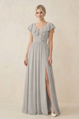 Cap Sleeve A-Line Ruffled Chiffon Bridesmaid Dress in Silver - KissProm BRIDESMAID DRESSES