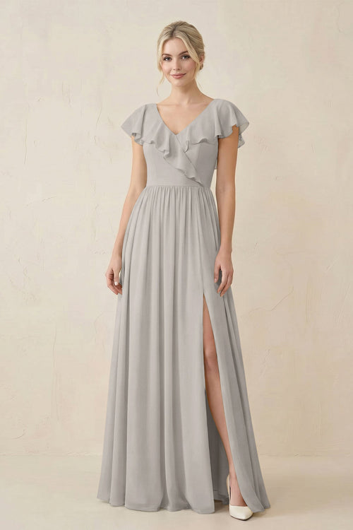Cap Sleeve A-Line Ruffled Chiffon Bridesmaid Dress in Silver - KissProm BRIDESMAID DRESSES