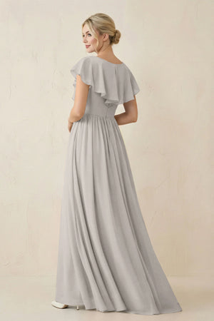 Cap Sleeve A-Line Ruffled Chiffon Bridesmaid Dress in Silver - KissProm BRIDESMAID DRESSES