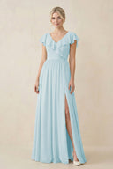Cap Sleeve A-Line Ruffled Chiffon Bridesmaid Dress in Sky Blue - KissProm BRIDESMAID DRESSES