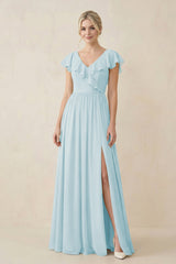 Cap Sleeve A-Line Ruffled Chiffon Bridesmaid Dress in Sky Blue - KissProm BRIDESMAID DRESSES