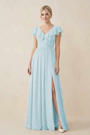 Cap Sleeve A-Line Ruffled Chiffon Bridesmaid Dress in Sky Blue - KissProm BRIDESMAID DRESSES