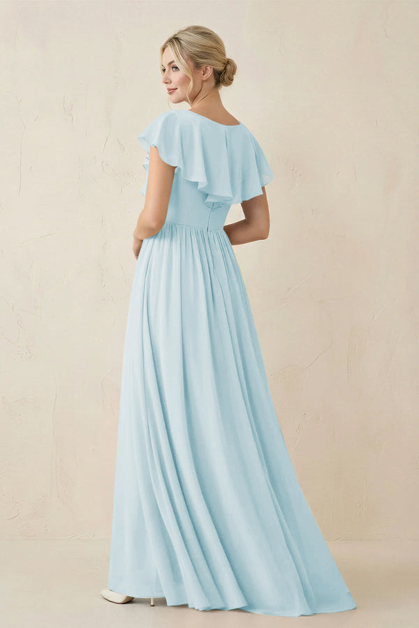 Cap Sleeve A-Line Ruffled Chiffon Bridesmaid Dress in Sky Blue - KissProm BRIDESMAID DRESSES
