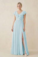 Cap Sleeve A-Line Ruffled Chiffon Bridesmaid Dress in Sky Blue - KissProm BRIDESMAID DRESSES
