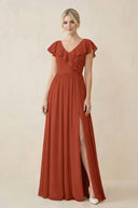 Cap Sleeve A-Line Ruffled Chiffon Bridesmaid Dress in Spice - KissProm BRIDESMAID DRESSES