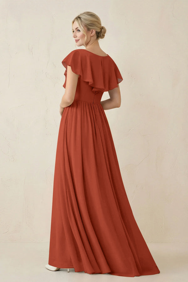 Cap Sleeve A-Line Ruffled Chiffon Bridesmaid Dress in Spice - KissProm BRIDESMAID DRESSES