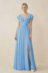 Cap Sleeve A-Line Ruffled Chiffon Bridesmaid Dress in Steel Blue - KissProm BRIDESMAID DRESSES