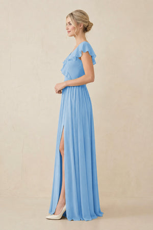 Cap Sleeve A-Line Ruffled Chiffon Bridesmaid Dress in Steel Blue - KissProm BRIDESMAID DRESSES