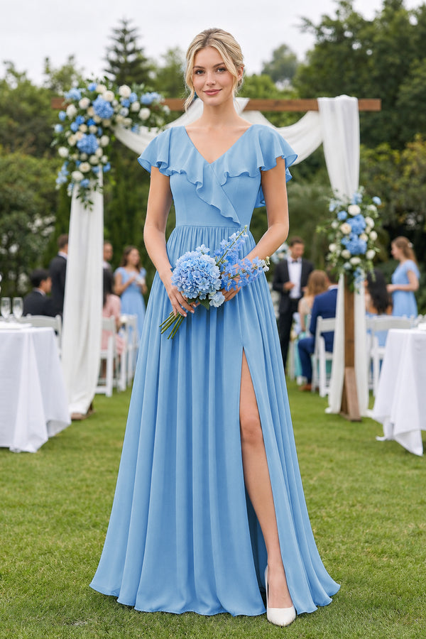 Cap Sleeve A-Line Ruffled Chiffon Bridesmaid Dress in Steel Blue - KissProm BRIDESMAID DRESSES