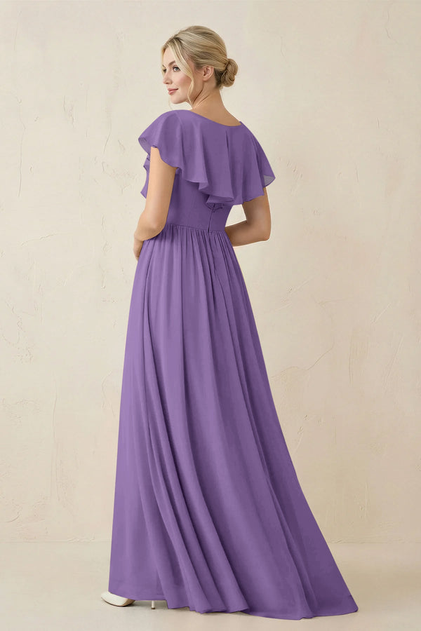 Cap Sleeve A-Line Ruffled Chiffon Bridesmaid Dress in Tahiti - KissProm BRIDESMAID DRESSES