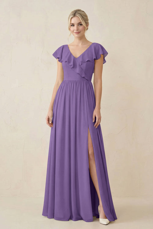 Cap Sleeve A-Line Ruffled Chiffon Bridesmaid Dress in Tahiti - KissProm BRIDESMAID DRESSES