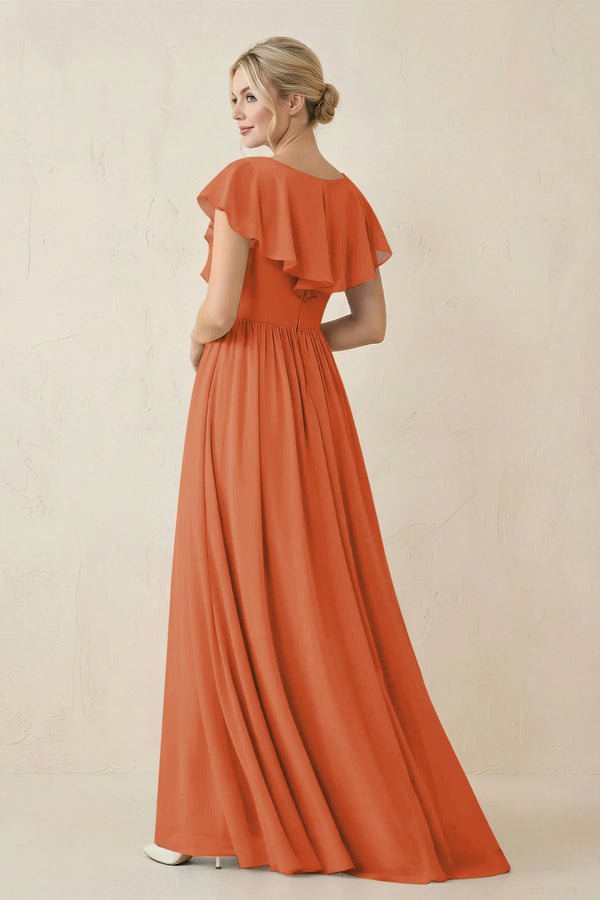 Cap Sleeve A-Line Ruffled Chiffon Bridesmaid Dress in Terracotta - KissProm BRIDESMAID DRESSES
