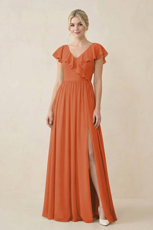 Cap Sleeve A-Line Ruffled Chiffon Bridesmaid Dress in Terracotta - KissProm BRIDESMAID DRESSES