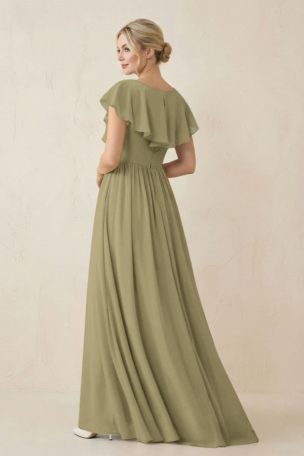 Cap Sleeve A-Line Ruffled Chiffon Bridesmaid Dress in Thyme - KissProm BRIDESMAID DRESSES