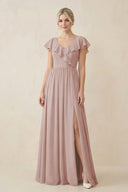 Cap Sleeve A-Line Ruffled Chiffon Bridesmaid Dress in Toffee - KissProm BRIDESMAID DRESSES
