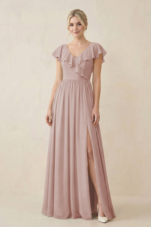 Cap Sleeve A-Line Ruffled Chiffon Bridesmaid Dress in Toffee - KissProm BRIDESMAID DRESSES