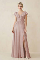 Cap Sleeve A-Line Ruffled Chiffon Bridesmaid Dress in Toffee - KissProm BRIDESMAID DRESSES