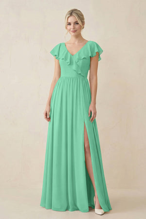 Cap Sleeve A-Line Ruffled Chiffon Bridesmaid Dress in Turquoise - KissProm BRIDESMAID DRESSES