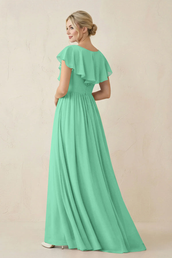 Cap Sleeve A-Line Ruffled Chiffon Bridesmaid Dress in Turquoise - KissProm BRIDESMAID DRESSES