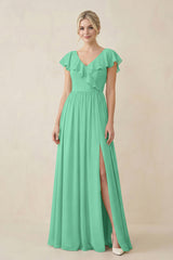 Cap Sleeve A-Line Ruffled Chiffon Bridesmaid Dress in Turquoise - KissProm BRIDESMAID DRESSES