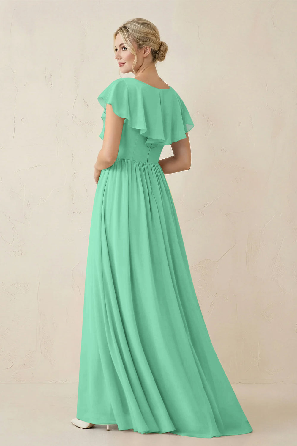 Cap Sleeve A-Line Ruffled Chiffon Bridesmaid Dress in Turquoise - KissProm BRIDESMAID DRESSES