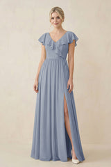 Cap Sleeve A-Line Ruffled Chiffon Bridesmaid Dress in Twilight - KissProm BRIDESMAID DRESSES