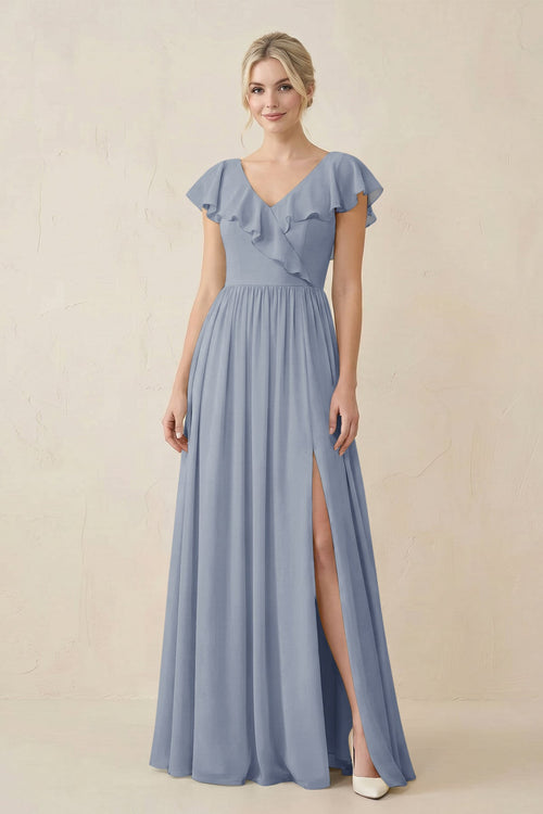 Cap Sleeve A-Line Ruffled Chiffon Bridesmaid Dress in Twilight - KissProm BRIDESMAID DRESSES