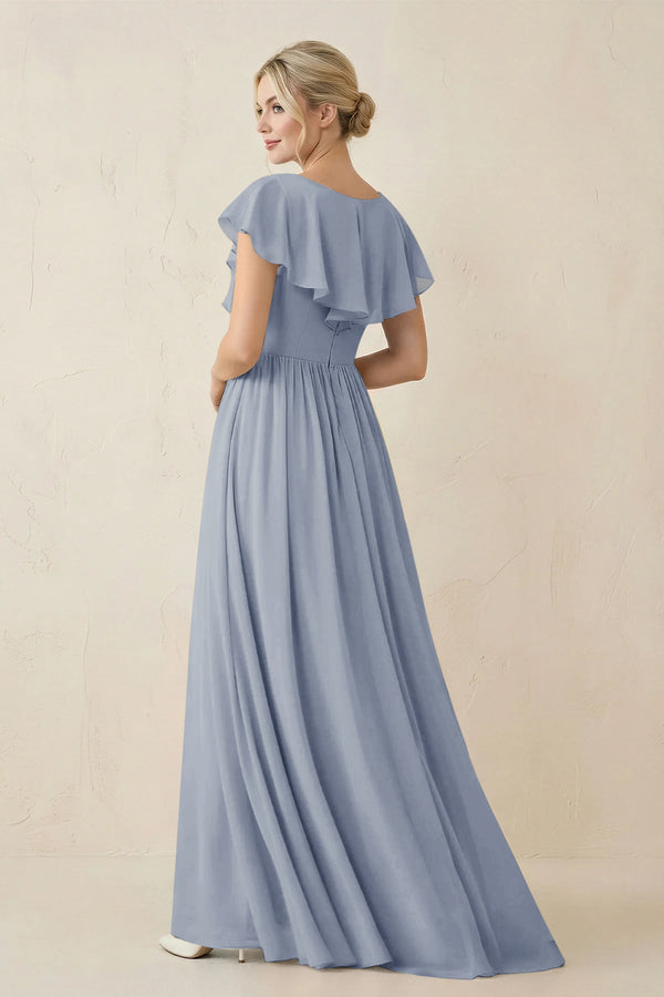 Cap Sleeve A-Line Ruffled Chiffon Bridesmaid Dress in Twilight - KissProm BRIDESMAID DRESSES