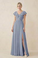 Cap Sleeve A-Line Ruffled Chiffon Bridesmaid Dress in Twilight - KissProm BRIDESMAID DRESSES