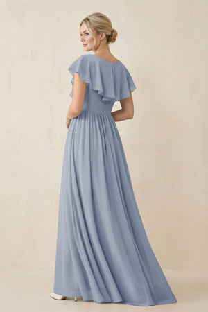 Cap Sleeve A-Line Ruffled Chiffon Bridesmaid Dress in Twilight - KissProm BRIDESMAID DRESSES