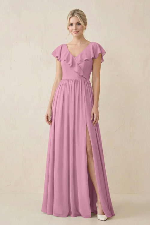 Cap Sleeve A-Line Ruffled Chiffon Bridesmaid Dress in Vintage Mauve - KissProm BRIDESMAID DRESSES