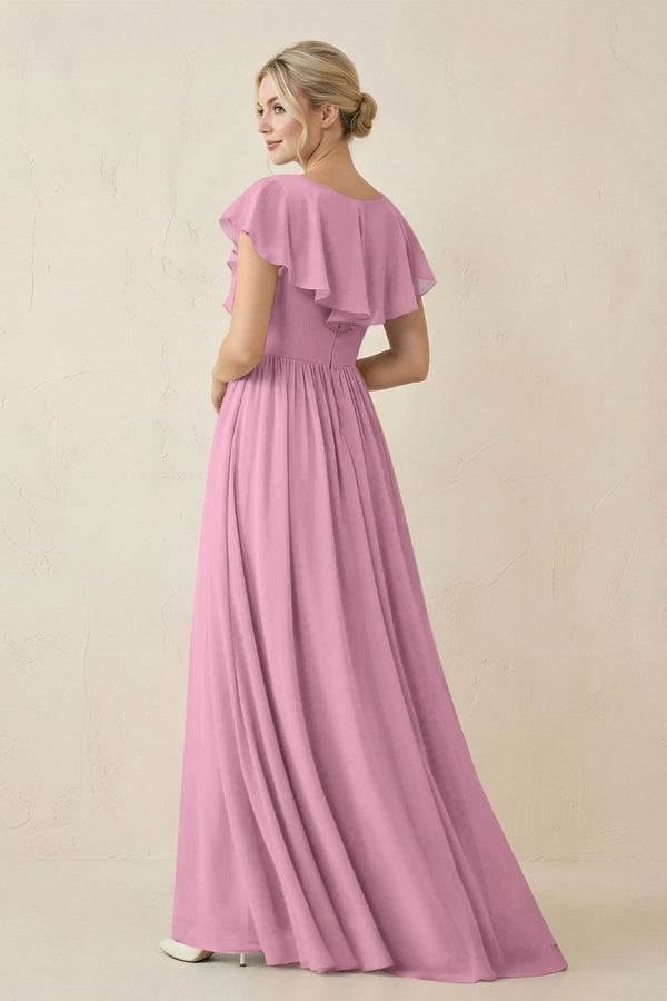 Cap Sleeve A-Line Ruffled Chiffon Bridesmaid Dress in Vintage Mauve - KissProm BRIDESMAID DRESSES