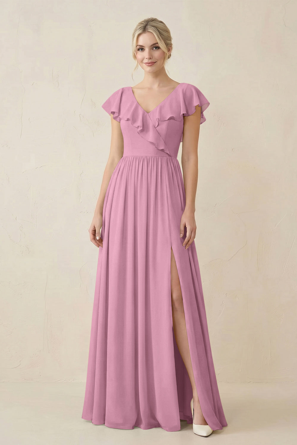 Cap Sleeve A-Line Ruffled Chiffon Bridesmaid Dress in Vintage Mauve - KissProm BRIDESMAID DRESSES