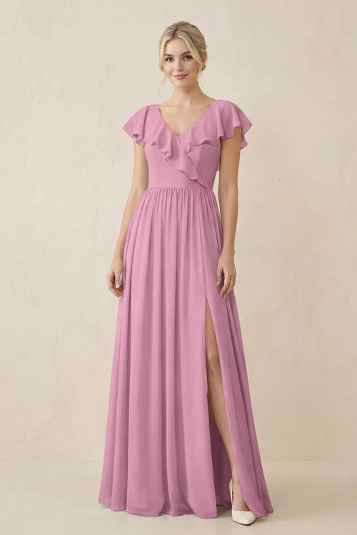 Cap Sleeve A-Line Ruffled Chiffon Bridesmaid Dress in Vintage Mauve - KissProm BRIDESMAID DRESSES