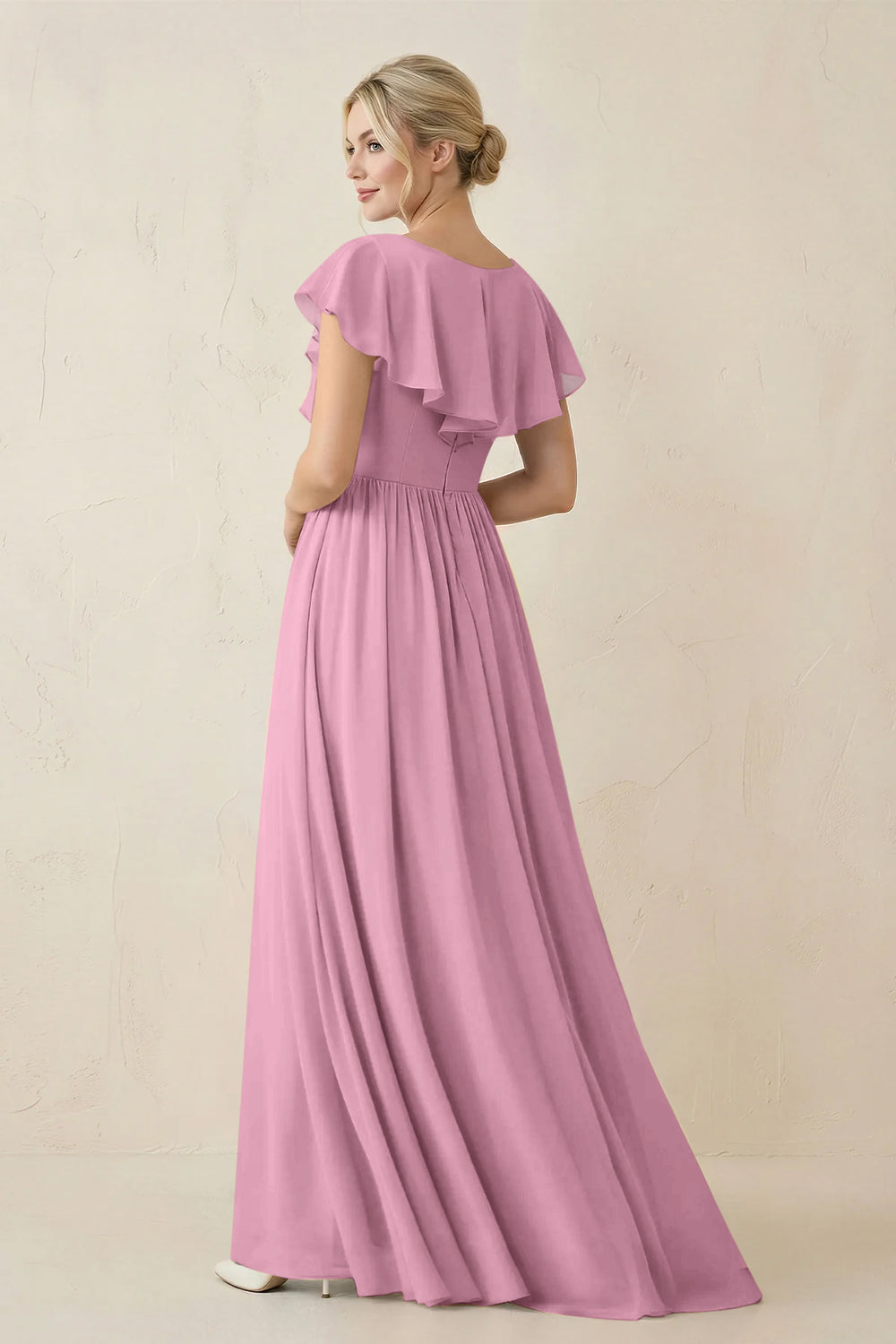 Cap Sleeve A-Line Ruffled Chiffon Bridesmaid Dress in Vintage Mauve - KissProm BRIDESMAID DRESSES