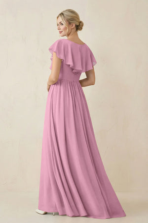 Cap Sleeve A-Line Ruffled Chiffon Bridesmaid Dress in Vintage Mauve - KissProm BRIDESMAID DRESSES