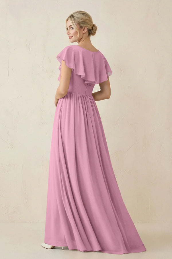 Cap Sleeve A-Line Ruffled Chiffon Bridesmaid Dress in Vintage Mauve - KissProm BRIDESMAID DRESSES