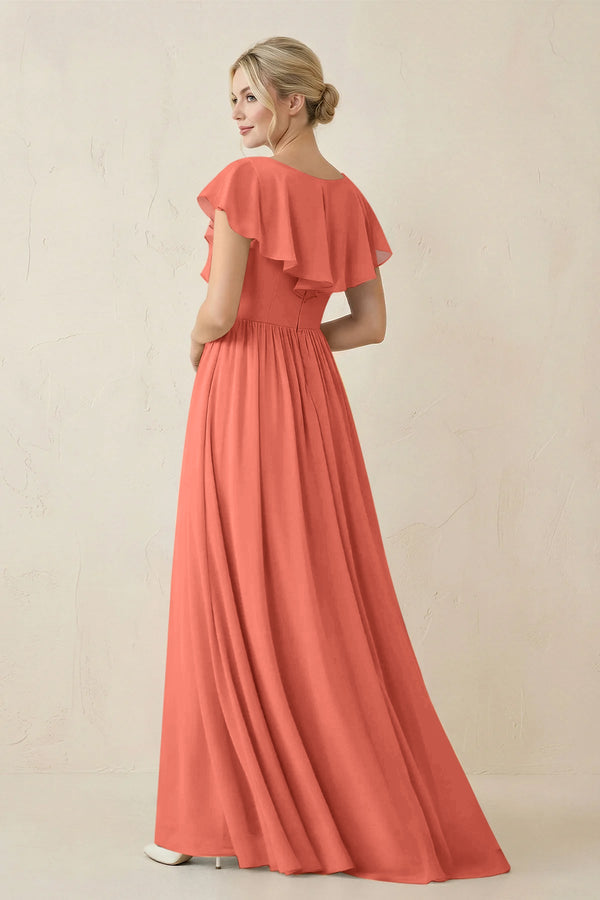 Cap Sleeve A-Line Ruffled Chiffon Bridesmaid Dress in Wild Rose - KissProm BRIDESMAID DRESSES