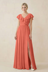 Cap Sleeve A-Line Ruffled Chiffon Bridesmaid Dress in Wild Rose - KissProm BRIDESMAID DRESSES