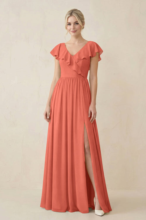 Cap Sleeve A-Line Ruffled Chiffon Bridesmaid Dress in Wild Rose - KissProm BRIDESMAID DRESSES