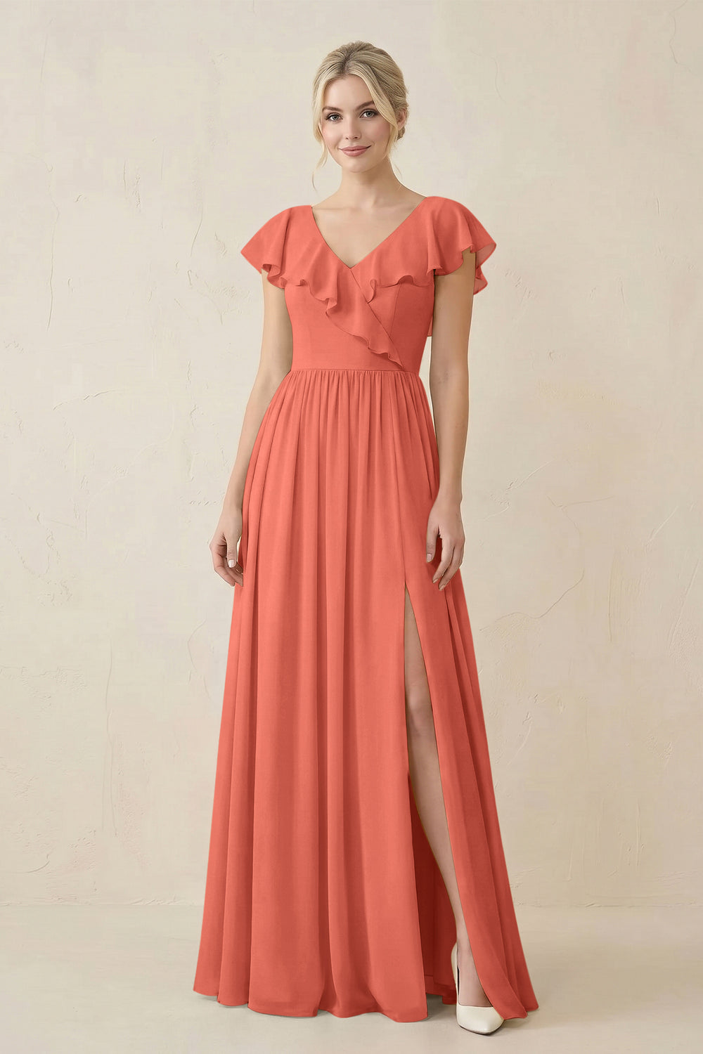 Cap Sleeve A-Line Ruffled Chiffon Bridesmaid Dress in Wild Rose - KissProm BRIDESMAID DRESSES
